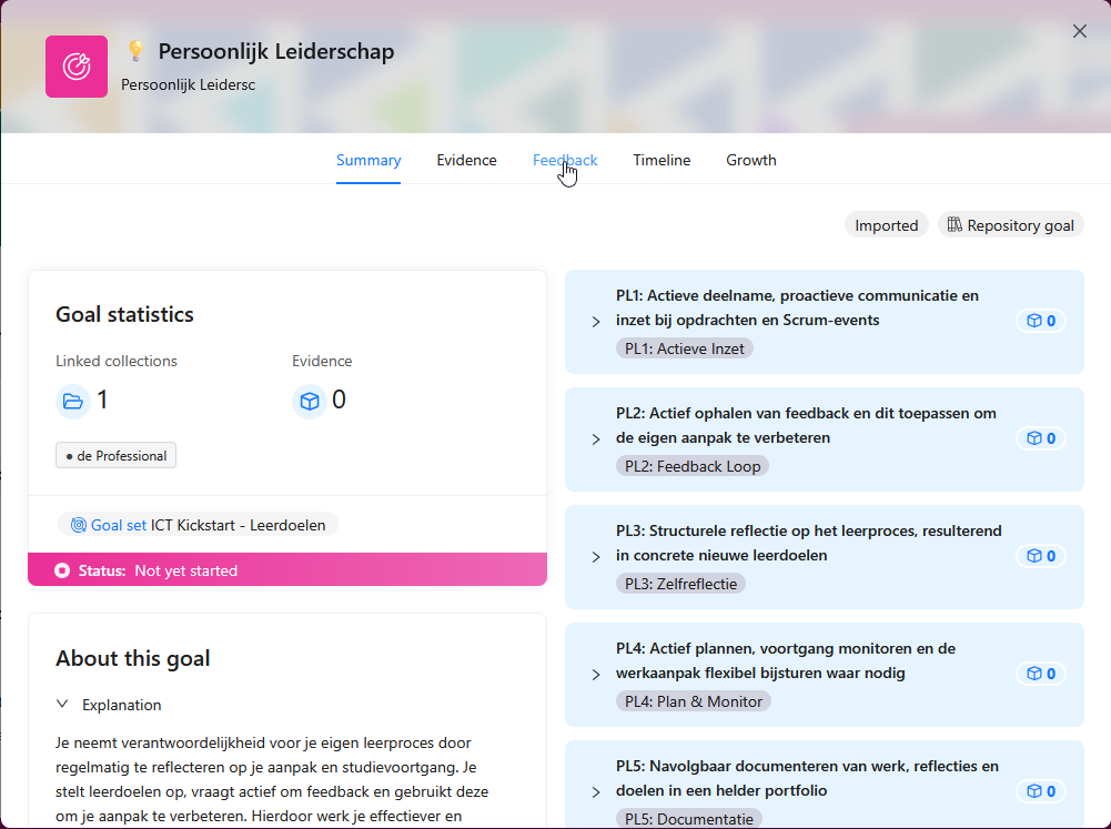 Goal card met succescriteria en het tabblad Feedback