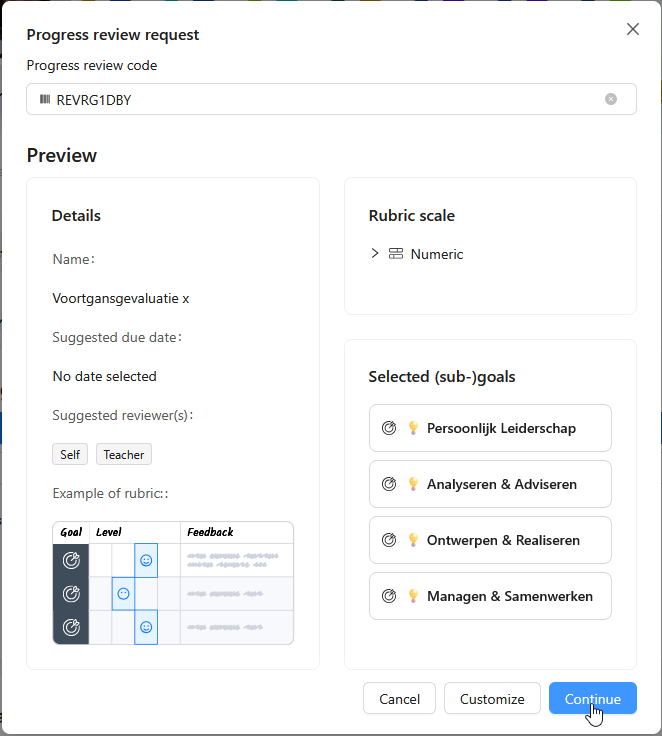 Preview van de voortgangsevaluatie na het invullen van de preset-code